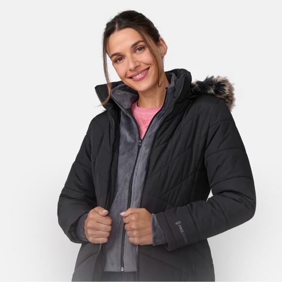 Free Country Black Down Puffer Jacket with Faux Fur Hood - Picture 10 of 11